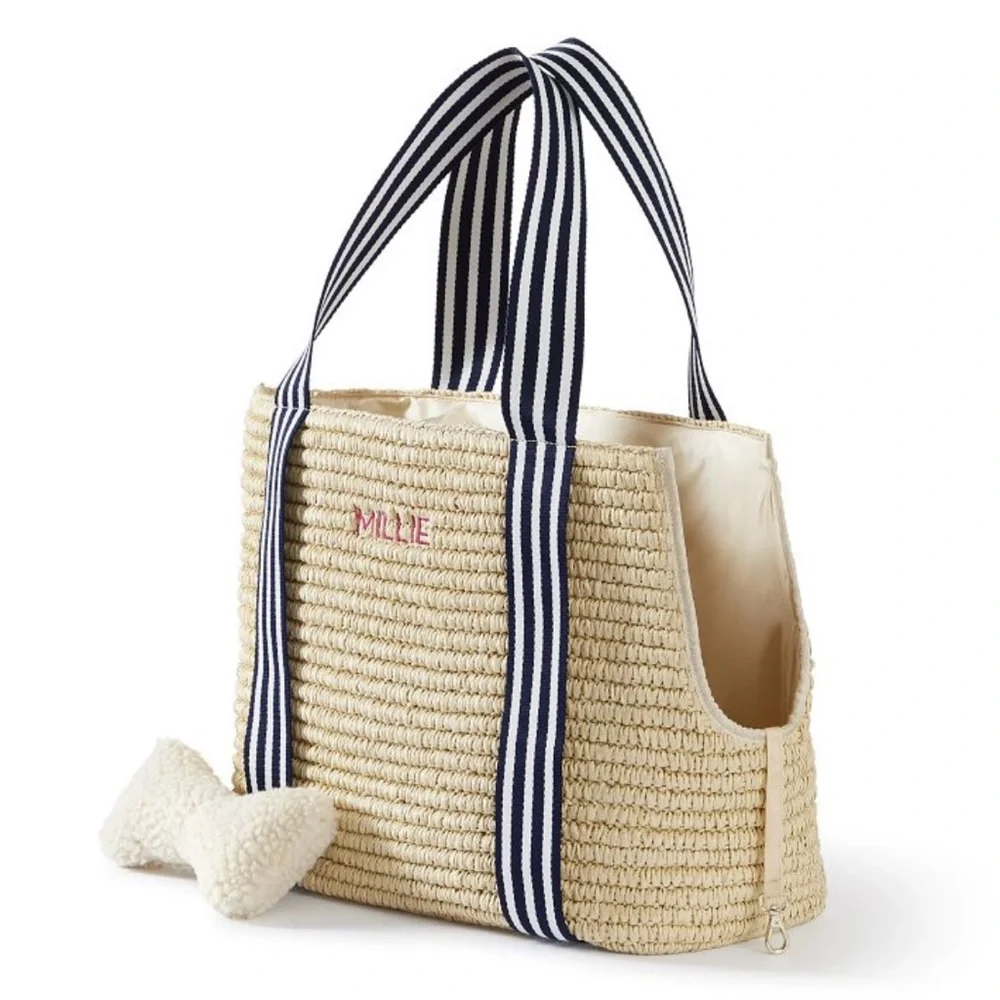 STRIPED TWILL STRAW PET TOTE ☀️🌴🏖️
